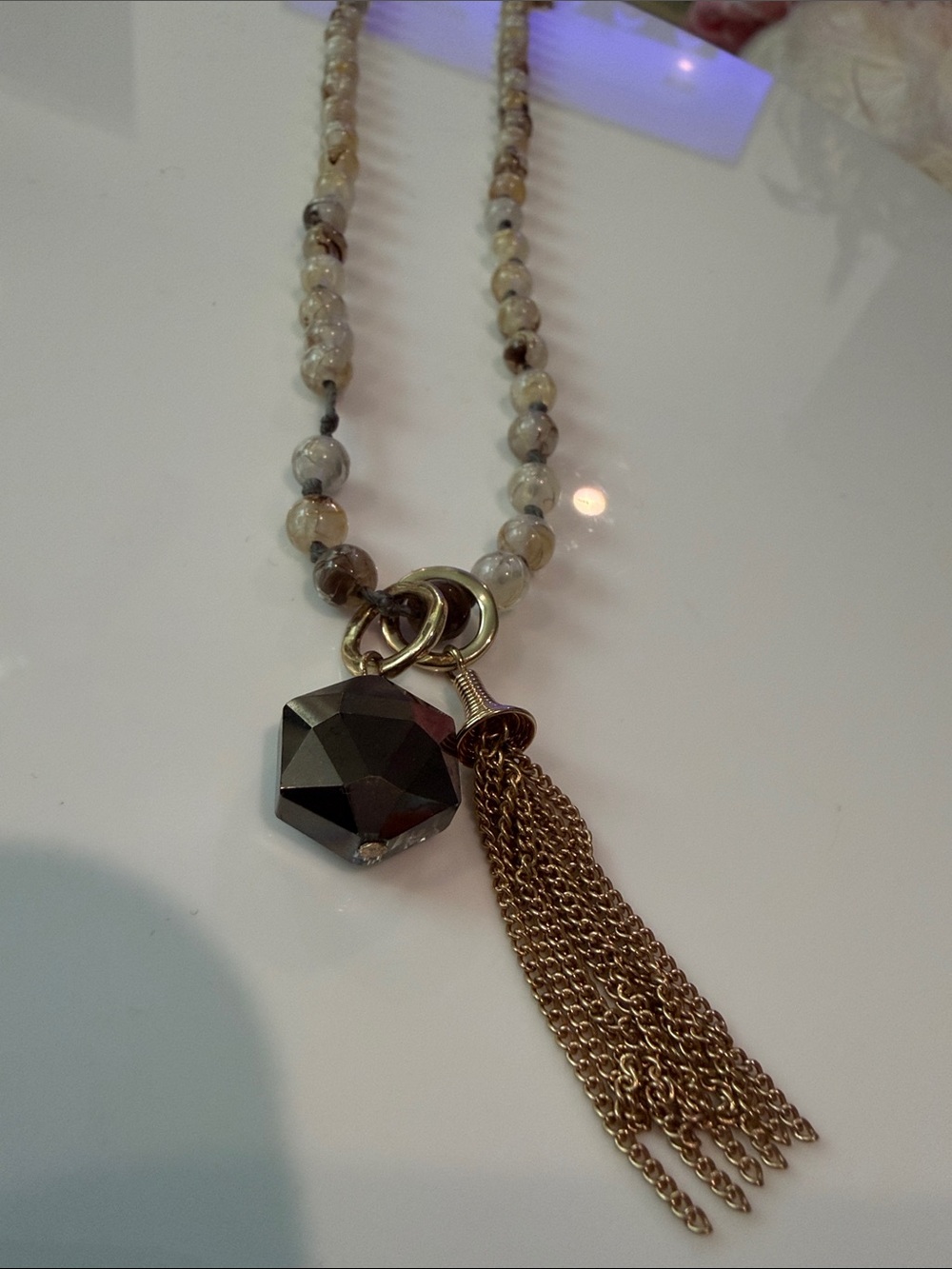 Gold Tassel Beaded Necklace with Black Faceted Pendant Arizona Jeans Brand New